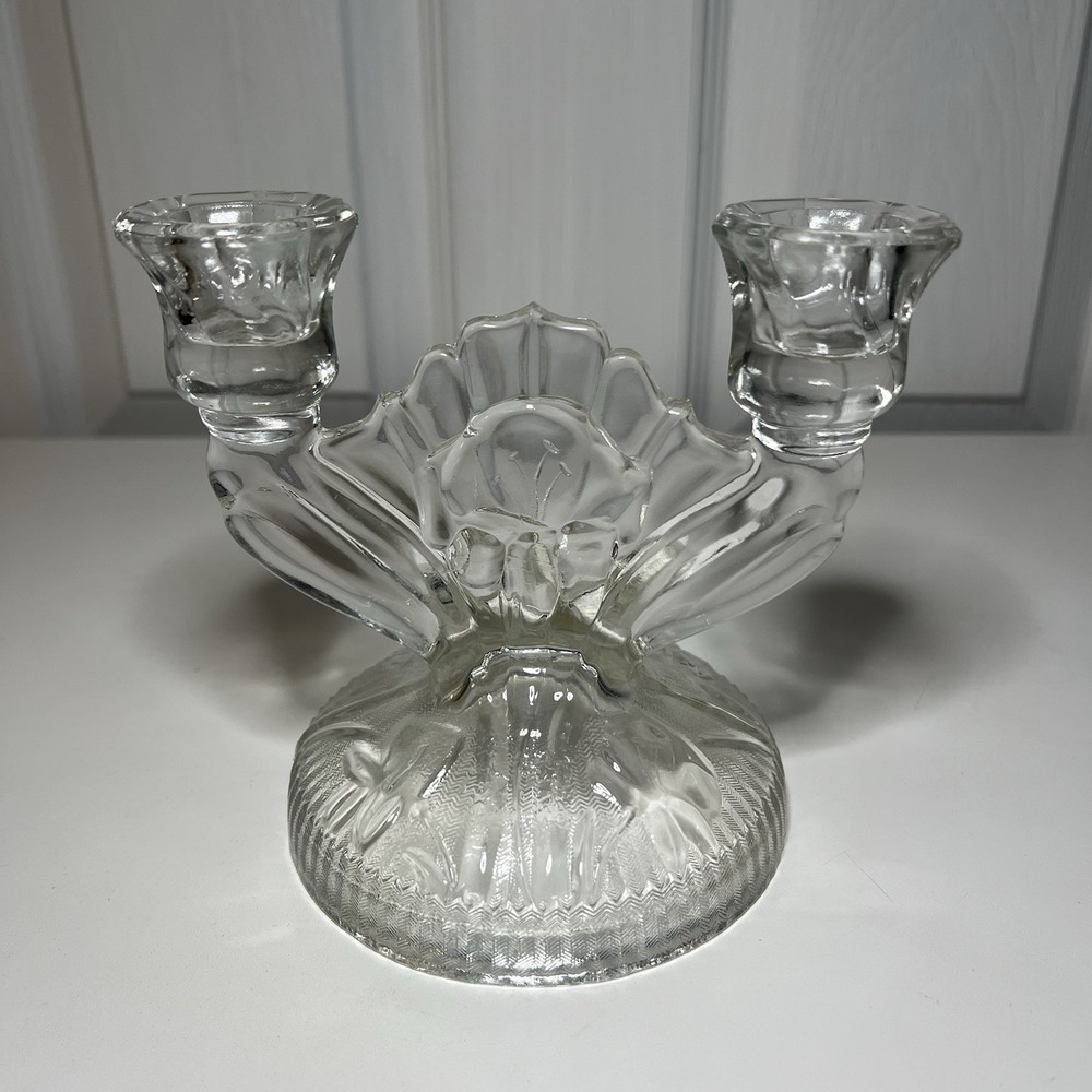 Vintage Jeannette Iris and Herringbone Clear Double Candle Holders